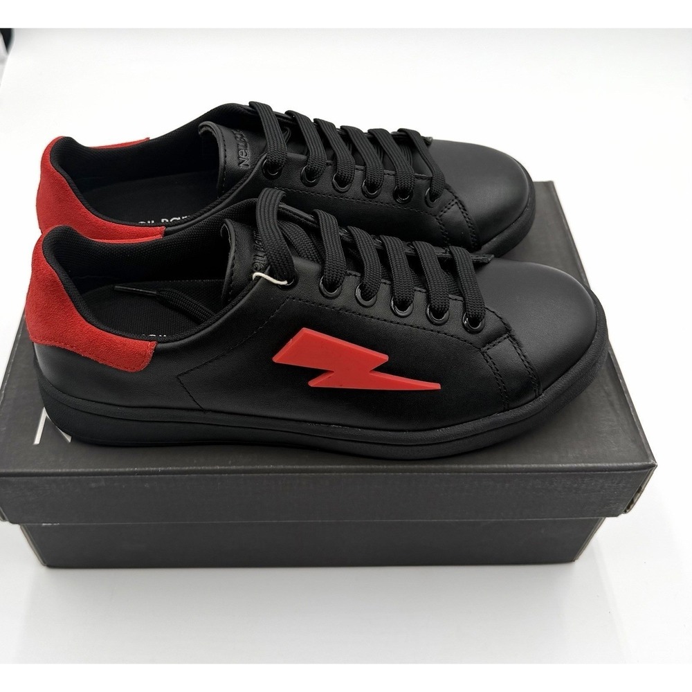 Neil Barrett Thunderbolt Leather Low Top Sneakers Black Red Women's Size 8 EU 38